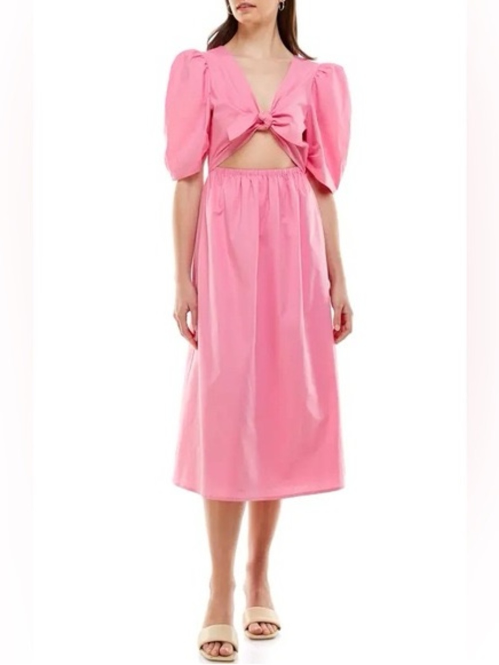 Wayf Bubblegum Pink Puff Sleeve Midi Dress